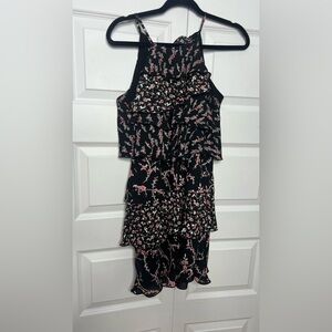 White House Black Market Floral Ruffle Dress Size 0 Black Pink Tiered Sleeveless